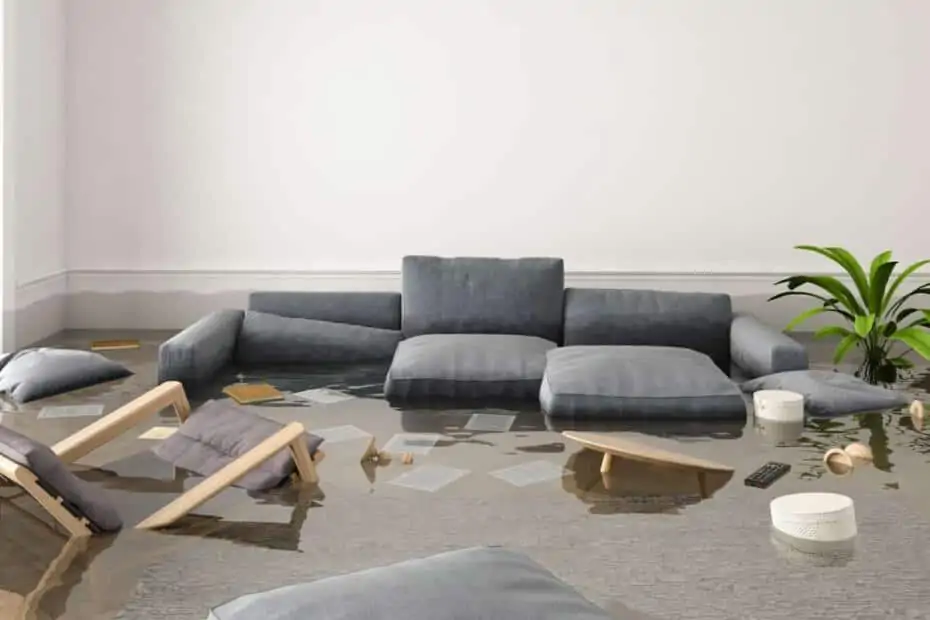 Wohnung mit Wasser überflutet. Sofa, Pflanzen und Unterlagen schwimmen im Wasser.